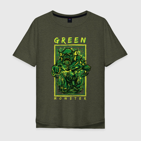 Мужская футболка хлопок Oversize с принтом Зелёный монстр в Екатеринбурге, 100% хлопок | свободный крой, круглый ворот, “спинка” длиннее передней части | гранж | листья | молния | монстр | рамка | уличный стиль
