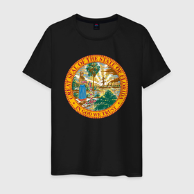 Мужская футболка хлопок с принтом Флорида США в Белгороде, 100% хлопок | прямой крой, круглый вырез горловины, длина до линии бедер, слегка спущенное плечо. | florida | great seal | university | usa | герб | море | пальма | печать | с пальмами | сша | турист | университет | флорида