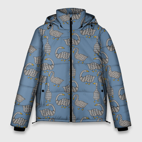 Мужская зимняя куртка 3D с принтом Графические гуси паттерн в Новосибирске, верх — 100% полиэстер; подкладка — 100% полиэстер; утеплитель — 100% полиэстер | длина ниже бедра, свободный силуэт Оверсайз. Есть воротник-стойка, отстегивающийся капюшон и ветрозащитная планка. 

Боковые карманы с листочкой на кнопках и внутренний карман на молнии. | водоплавающие | графика | графический | гусеобразные | гуси | охота | охотник | паттерн | природа | птицы | селезень | турист | утки
