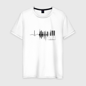 Мужская футболка хлопок с принтом Пульс музыка в Кировске, 100% хлопок | прямой крой, круглый вырез горловины, длина до линии бедер, слегка спущенное плечо. | инструмент | клавишные | музыка | музыкальный | пианино | пульс | ритм | рояль | сердце | серце | фортепиано | фортепьано