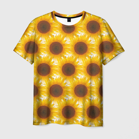 Мужская футболка 3D с принтом Желтые подсолнухи паттерн в Новосибирске, 100% полиэфир | прямой крой, круглый вырез горловины, длина до линии бедер | желтые | листья | подсолнухи | поле | семена | семечки | солнце
