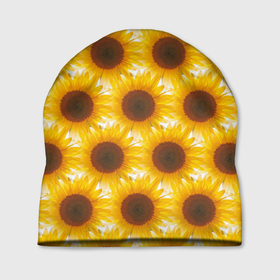 Шапка 3D с принтом Желтые подсолнухи паттерн в Курске, 100% полиэстер | универсальный размер, печать по всей поверхности изделия | желтые | листья | подсолнухи | поле | семена | семечки | солнце
