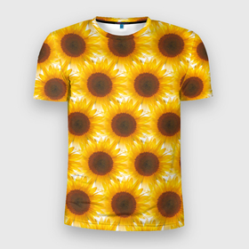 Мужская футболка 3D Slim с принтом Желтые подсолнухи паттерн в Белгороде, 100% полиэстер с улучшенными характеристиками | приталенный силуэт, круглая горловина, широкие плечи, сужается к линии бедра | желтые | листья | подсолнухи | поле | семена | семечки | солнце