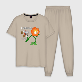 Мужская пижама хлопок с принтом Чашек против Кэгни   Cuphead vs Cagney , 100% хлопок | брюки и футболка прямого кроя, без карманов, на брюках мягкая резинка на поясе и по низу штанин
 | cagney carnation | cuphead | капхед | капхэд | кружек | кэгни гвоздика | магмен | цветок | чашек