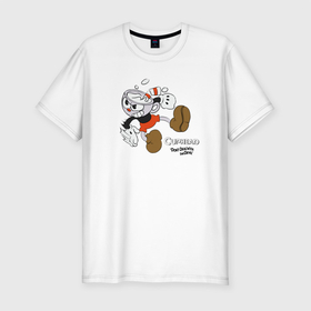 Мужская футболка хлопок Slim с принтом Cuphead   Капхед в Курске, 92% хлопок, 8% лайкра | приталенный силуэт, круглый вырез ворота, длина до линии бедра, короткий рукав | cuphead | mugman | капхед | капхэд | кружек | магмен | чашек