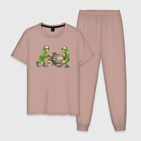 Мужская пижама хлопок с принтом Ракетные будни в Тюмени, 100% хлопок | брюки и футболка прямого кроя, без карманов, на брюках мягкая резинка на поясе и по низу штанин
 | Тематика изображения на принте: арт | бомба | военные | иллюстрация | ракета | солдатики