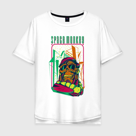 Мужская футболка хлопок Oversize с принтом Космическая обезьяна в Курске, 100% хлопок | свободный крой, круглый ворот, “спинка” длиннее передней части | космос | кристалл | обезьяна | очки | причёска | уличный стиль