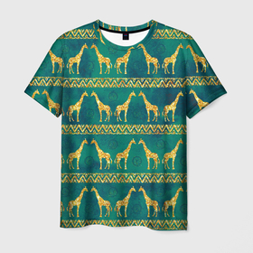 Мужская футболка 3D с принтом Золотые жирафы (паттерн) в Кировске, 100% полиэфир | прямой крой, круглый вырез горловины, длина до линии бедер | Тематика изображения на принте: африка | жираф | жирафы | золото | паттерн