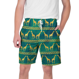 Мужские шорты 3D с принтом Золотые жирафы (паттерн) в Курске,  полиэстер 100% | прямой крой, два кармана без застежек по бокам. Мягкая трикотажная резинка на поясе, внутри которой широкие завязки. Длина чуть выше колен | африка | жираф | жирафы | золото | паттерн