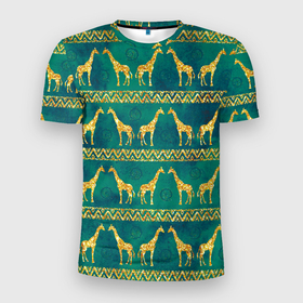 Мужская футболка 3D Slim с принтом Золотые жирафы (паттерн) в Курске, 100% полиэстер с улучшенными характеристиками | приталенный силуэт, круглая горловина, широкие плечи, сужается к линии бедра | Тематика изображения на принте: африка | жираф | жирафы | золото | паттерн