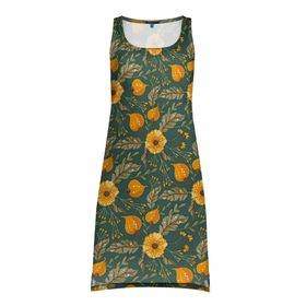 Платье-майка 3D с принтом Желтые цветочки и листья в Тюмени, 100% полиэстер | полуприлегающий силуэт, широкие бретели, круглый вырез горловины, удлиненный подол сзади. | желтые цветы | листочки | листья | паттерн | цветочки | цветы