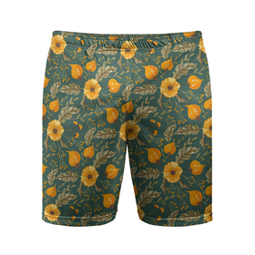 Мужские шорты спортивные с принтом Желтые цветочки и листья в Белгороде,  |  | желтые цветы | листочки | листья | паттерн | цветочки | цветы