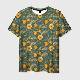 Мужская футболка 3D с принтом Желтые цветочки и листья в Новосибирске, 100% полиэфир | прямой крой, круглый вырез горловины, длина до линии бедер | желтые цветы | листочки | листья | паттерн | цветочки | цветы