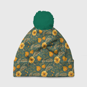 Шапка 3D c помпоном с принтом Желтые цветочки и листья в Тюмени, 100% полиэстер | универсальный размер, печать по всей поверхности изделия | желтые цветы | листочки | листья | паттерн | цветочки | цветы