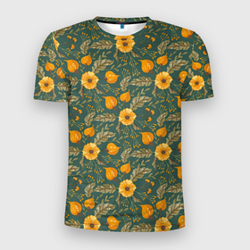Мужская футболка 3D Slim с принтом Желтые цветочки и листья в Белгороде, 100% полиэстер с улучшенными характеристиками | приталенный силуэт, круглая горловина, широкие плечи, сужается к линии бедра | желтые цветы | листочки | листья | паттерн | цветочки | цветы