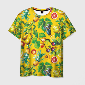 Мужская футболка 3D с принтом Лето. Фрукты в Санкт-Петербурге, 100% полиэфир | прямой крой, круглый вырез горловины, длина до линии бедер | ананас | виноград | гранат | груша | груши | лето | лимон | листья | паттерн | фрукты