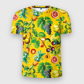 Мужская футболка 3D Slim с принтом Лето. Фрукты в Тюмени, 100% полиэстер с улучшенными характеристиками | приталенный силуэт, круглая горловина, широкие плечи, сужается к линии бедра | ананас | виноград | гранат | груша | груши | лето | лимон | листья | паттерн | фрукты
