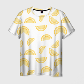 Мужская футболка 3D с принтом Дольки лимона в Петрозаводске, 100% полиэфир | прямой крой, круглый вырез горловины, длина до линии бедер | вкусно | вкусняшка | внусный | дольки | еда | желтый | лимон | лимончик | лимоны | паттерн | фрукт | фрукты