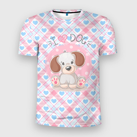 Мужская футболка 3D Slim с принтом i love dog  (я люблю собак) в Новосибирске, 100% полиэстер с улучшенными характеристиками | приталенный силуэт, круглая горловина, широкие плечи, сужается к линии бедра | dog | люблю собак | любовь | песик | собака | собачник | собачница | щенок