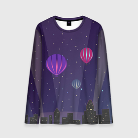Мужской лонгслив 3D с принтом Ночное небо в городе в Белгороде, 100% полиэстер | длинные рукава, круглый вырез горловины, полуприлегающий силуэт | в городе | воздушные шары | воздушный шар | высотка | высотки | город | городской | дома | звездное | звезды | небо | ночь