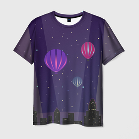 Мужская футболка 3D с принтом Ночное небо в городе в Белгороде, 100% полиэфир | прямой крой, круглый вырез горловины, длина до линии бедер | в городе | воздушные шары | воздушный шар | высотка | высотки | город | городской | дома | звездное | звезды | небо | ночь