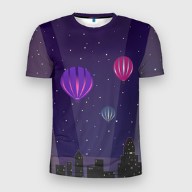 Мужская футболка 3D Slim с принтом Ночное небо в городе в Петрозаводске, 100% полиэстер с улучшенными характеристиками | приталенный силуэт, круглая горловина, широкие плечи, сужается к линии бедра | в городе | воздушные шары | воздушный шар | высотка | высотки | город | городской | дома | звездное | звезды | небо | ночь