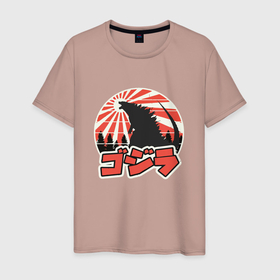 Мужская футболка хлопок с принтом Годзилла в лучах солнца в Петрозаводске, 100% хлопок | прямой крой, круглый вырез горловины, длина до линии бедер, слегка спущенное плечо. | godzilla | japan | биолланте | годзилла | змей | кинг гидора | мотра | япония