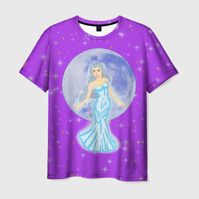 Мужская футболка 3D с принтом Дева, воплощение Луны, звёздное лиловое небо в Новосибирске, 100% полиэфир | прямой крой, круглый вырез горловины, длина до линии бедер | воплощение | дева | девушка | звёзды | лиловый | луна | небо | ночь | полнолуние | сиреневый | фиолетовый