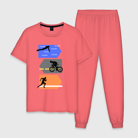 Мужская пижама хлопок с принтом Триатлон   плыть, ехать, бежать в Белгороде, 100% хлопок | брюки и футболка прямого кроя, без карманов, на брюках мягкая резинка на поясе и по низу штанин
 | Тематика изображения на принте: bike | run | runner | running | sport | swim | swimming | tri | triathlon | бег | бегун | велогонщик | велосипед | велоспорт | выносливость | легкая атлетика | марафон | многоборье | плавание | пловец | спорт | три | триатлон
