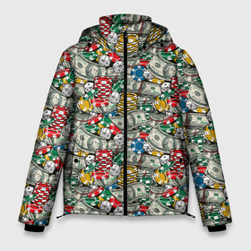 Мужская зимняя куртка 3D с принтом Деньги (Казино) в Тюмени, верх — 100% полиэстер; подкладка — 100% полиэстер; утеплитель — 100% полиэстер | длина ниже бедра, свободный силуэт Оверсайз. Есть воротник-стойка, отстегивающийся капюшон и ветрозащитная планка. 

Боковые карманы с листочкой на кнопках и внутренний карман на молнии. | Тематика изображения на принте: 777 | cards | casino | chips | flash | fortune | game | jackpot | joker | luck | omaha | poker | roulette | straight | texas holdem | азарт | деньги | джекпот | джокер | доллары | игра | казино | карты | кубики | куш | лас вегас | масти | омаха | покер | 