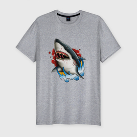 Мужская футболка хлопок Slim с принтом Акула 3D | Shark в Петрозаводске, 92% хлопок, 8% лайкра | приталенный силуэт, круглый вырез ворота, длина до линии бедра, короткий рукав | 3d | shark | акула | морские жители | морские обитатели | рыба | рыбы | хищник | хищники
