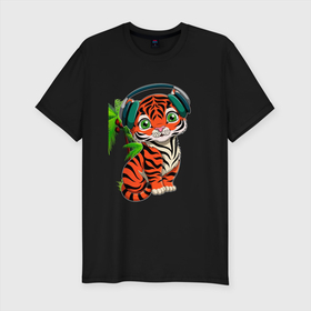 Мужская футболка хлопок Slim с принтом Маленький тигр | Tiger в Новосибирске, 92% хлопок, 8% лайкра | приталенный силуэт, круглый вырез ворота, длина до линии бедра, короткий рукав | tiger | животные | звери | король зверей | тайгер | тигр | тигры | хищник | хищники | царь зверей
