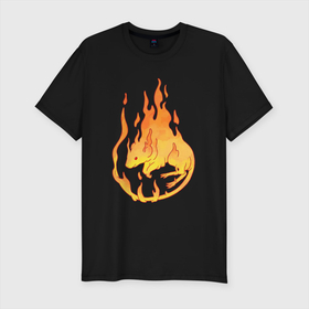 Мужская футболка хлопок Slim с принтом Огненная мышь в Екатеринбурге, 92% хлопок, 8% лайкра | приталенный силуэт, круглый вырез ворота, длина до линии бедра, короткий рукав | арт | мышь | огонь | пиро | пламя | рисунок | элемент огня | элемент огонь | элементаль