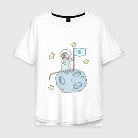 Мужская футболка хлопок Oversize с принтом Мышь космонавт в Новосибирске, 100% хлопок | свободный крой, круглый ворот, “спинка” длиннее передней части | Тематика изображения на принте: арт | астронавт | звезда | звёзды | космонавт | космос | мышь | рисунок | сердечко | сердце