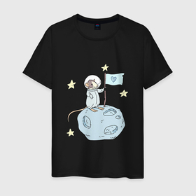 Мужская футболка хлопок с принтом Мышь космонавт в Екатеринбурге, 100% хлопок | прямой крой, круглый вырез горловины, длина до линии бедер, слегка спущенное плечо. | арт | астронавт | звезда | звёзды | космонавт | космос | мышь | рисунок | сердечко | сердце