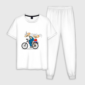 Мужская пижама хлопок с принтом Велосипед и Масяня в Петрозаводске, 100% хлопок | брюки и футболка прямого кроя, без карманов, на брюках мягкая резинка на поясе и по низу штанин
 | велосипед | масяня | мультфильм | поездка | хрюндель
