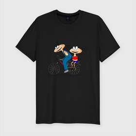 Мужская футболка хлопок Slim с принтом Велосипед и Масяня в Новосибирске, 92% хлопок, 8% лайкра | приталенный силуэт, круглый вырез ворота, длина до линии бедра, короткий рукав | Тематика изображения на принте: велосипед | масяня | мультфильм | поездка | хрюндель