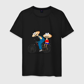 Мужская футболка хлопок с принтом Велосипед и Масяня в Новосибирске, 100% хлопок | прямой крой, круглый вырез горловины, длина до линии бедер, слегка спущенное плечо. | Тематика изображения на принте: велосипед | масяня | мультфильм | поездка | хрюндель