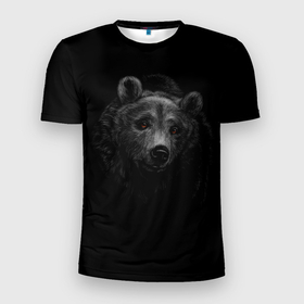 Мужская футболка 3D Slim с принтом голова хищного медведя в Санкт-Петербурге, 100% полиэстер с улучшенными характеристиками | приталенный силуэт, круглая горловина, широкие плечи, сужается к линии бедра | голова медведя | косолапый | лесной житель | медведь | хищник