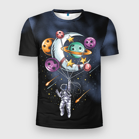 Мужская футболка 3D Slim с принтом Космонавт на шарах из планет в Тюмени, 100% полиэстер с улучшенными характеристиками | приталенный силуэт, круглая горловина, широкие плечи, сужается к линии бедра | воздушные шары | галактика | звезды | космонавт | космос | планеты