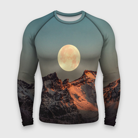Мужской рашгард 3D с принтом Полная луна и горы в Курске,  |  | moon | горы | закат | лес | луна | небо | ночь | полная луна | природа | снег | снежные горы
