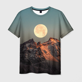 Мужская футболка 3D с принтом Полная луна и горы в Санкт-Петербурге, 100% полиэфир | прямой крой, круглый вырез горловины, длина до линии бедер | moon | горы | закат | лес | луна | небо | ночь | полная луна | природа | снег | снежные горы