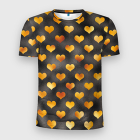 Мужская футболка 3D Slim с принтом Сердечки Gold and Black в Екатеринбурге, 100% полиэстер с улучшенными характеристиками | приталенный силуэт, круглая горловина, широкие плечи, сужается к линии бедра | gold | love | любовь | сердечки | сердца | сердце