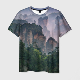Мужская футболка 3D с принтом Горы лес каньон в Санкт-Петербурге, 100% полиэфир | прямой крой, круглый вырез горловины, длина до линии бедер | гора | горы | деревья | каньен | каньон | лес | небо | природа | снежные горы | туман
