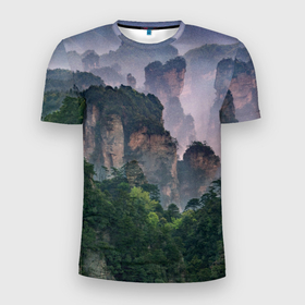 Мужская футболка 3D Slim с принтом Горы лес каньон , 100% полиэстер с улучшенными характеристиками | приталенный силуэт, круглая горловина, широкие плечи, сужается к линии бедра | Тематика изображения на принте: гора | горы | деревья | каньен | каньон | лес | небо | природа | снежные горы | туман