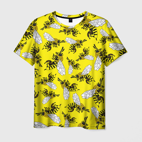 Мужская футболка 3D с принтом Пчелы на желтом в Екатеринбурге, 100% полиэфир | прямой крой, круглый вырез горловины, длина до линии бедер | bee | honey | insect | nature | spring | summer | sunny | yellow | весно | желтый узор | жук | крылья | лето | мед | много насекомых | насекомые | оса | пасечник | природа | пчела | пчелиный рой | пчелка | пчеловод | пчелы | рой пчел