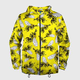 Мужская ветровка 3D с принтом Пчелы на желтом в Белгороде, 100% полиэстер | подол и капюшон оформлены резинкой с фиксаторами, два кармана без застежек по бокам, один потайной карман на груди | Тематика изображения на принте: bee | honey | insect | nature | spring | summer | sunny | yellow | весно | желтый узор | жук | крылья | лето | мед | много насекомых | насекомые | оса | пасечник | природа | пчела | пчелиный рой | пчелка | пчеловод | пчелы | рой пчел