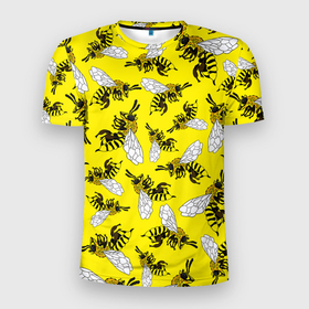 Мужская футболка 3D Slim с принтом Пчелы на желтом в Петрозаводске, 100% полиэстер с улучшенными характеристиками | приталенный силуэт, круглая горловина, широкие плечи, сужается к линии бедра | Тематика изображения на принте: bee | honey | insect | nature | spring | summer | sunny | yellow | весно | желтый узор | жук | крылья | лето | мед | много насекомых | насекомые | оса | пасечник | природа | пчела | пчелиный рой | пчелка | пчеловод | пчелы | рой пчел