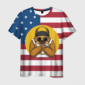 Мужская футболка 3D с принтом Ленивец на фоне Американского флага в Курске, 100% полиэфир | прямой крой, круглый вырез горловины, длина до линии бедер | folivora | американский флаг | зверь | лежебок | лежебока | ленивцы | лентяй | листоеды | лодырь | млекопитающее