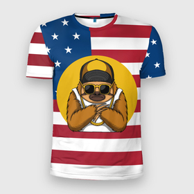 Мужская футболка 3D Slim с принтом Ленивец на фоне Американского флага в Новосибирске, 100% полиэстер с улучшенными характеристиками | приталенный силуэт, круглая горловина, широкие плечи, сужается к линии бедра | folivora | американский флаг | зверь | лежебок | лежебока | ленивцы | лентяй | листоеды | лодырь | млекопитающее